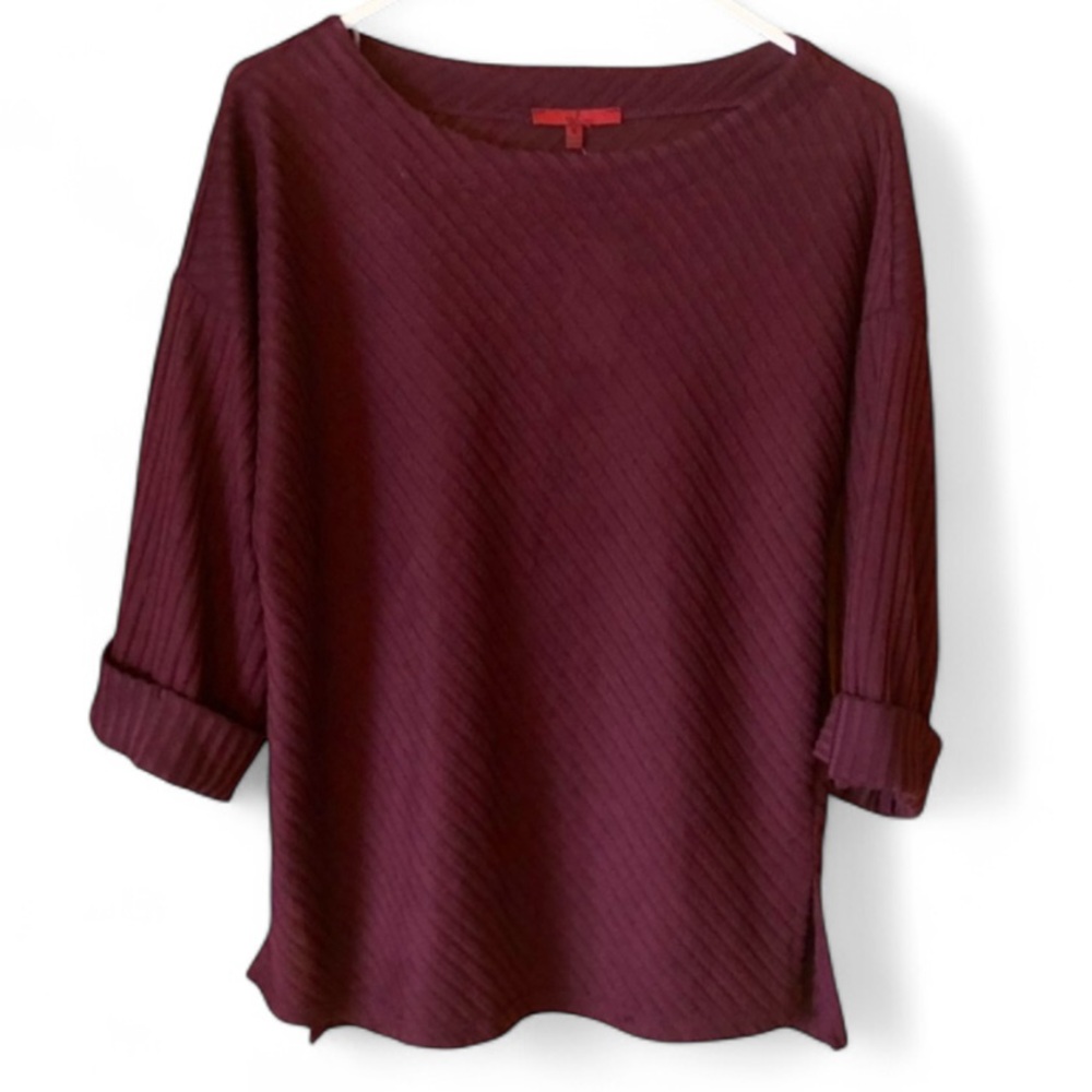 NWT RED by BKE Burgundy Ribbed Knit Boat Neck Top Small Cuffed 3/4 Sleeve